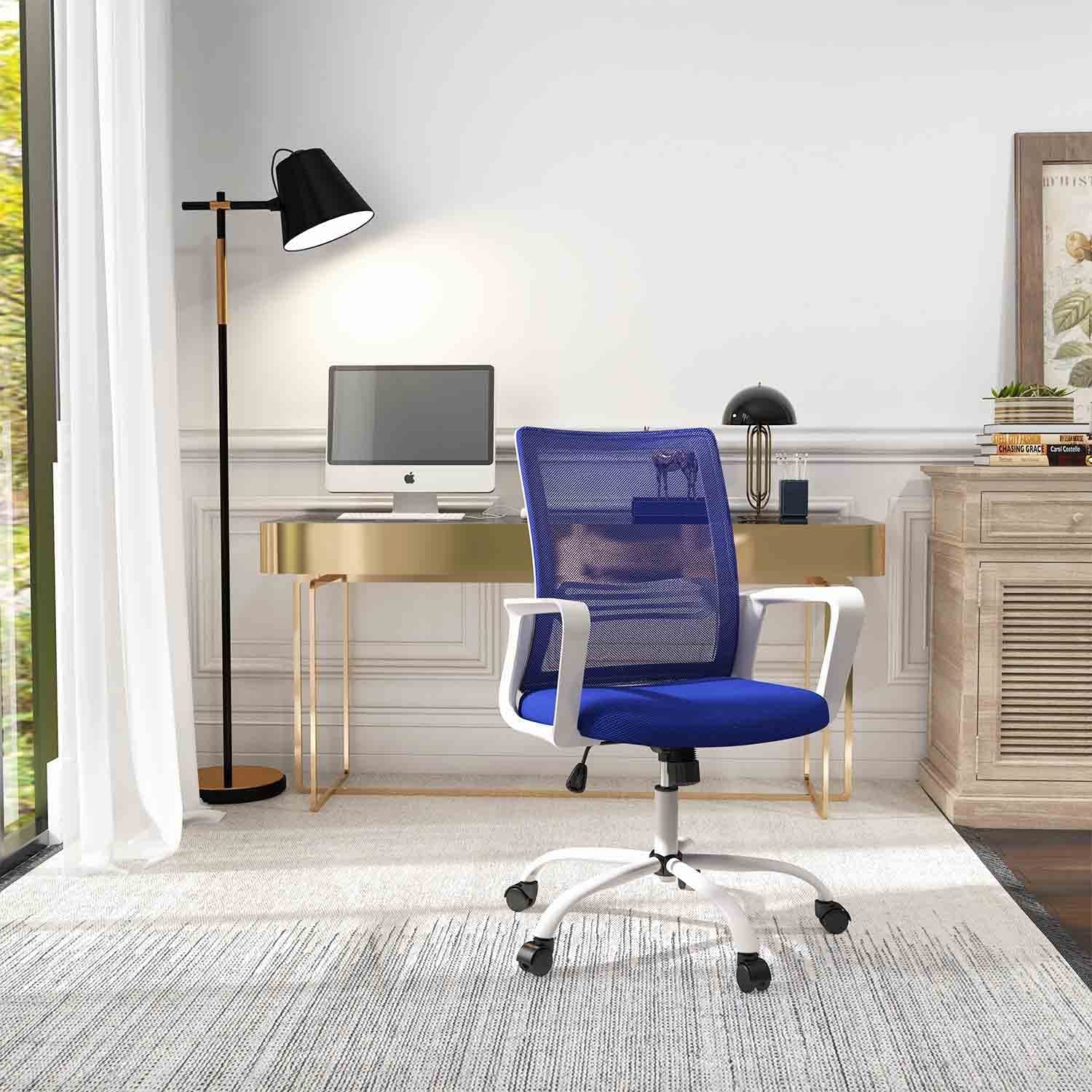 Ergonomic Computer, Home Wheels Mesh Office Desk, Mid Back Rolling Task Chair, Blue