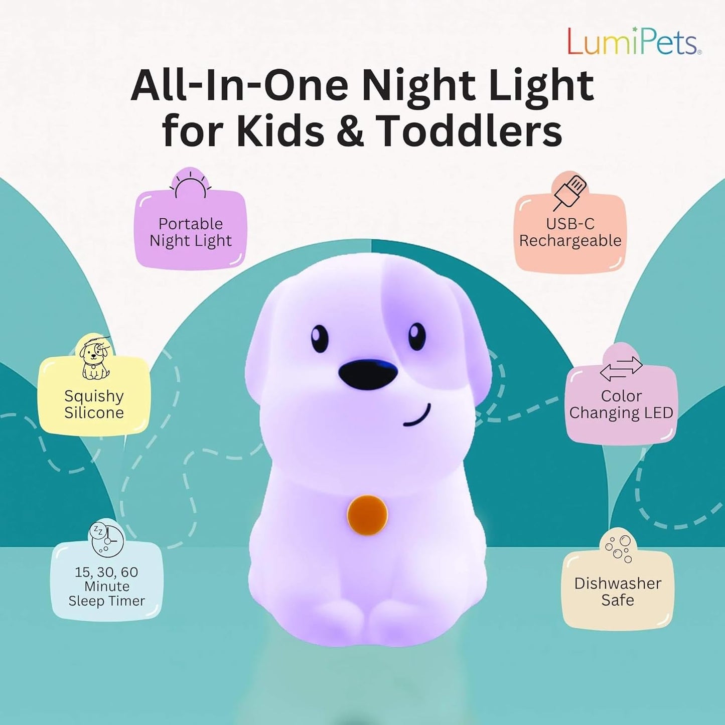Pepper the Puppy Dog Squishy Silicone Night Light for Kids | Cute Night Light with Remote & Touch Control for Baby & Toddler Bedrooms | Color Changing Animal Lamp | Soft Portable Nightlight