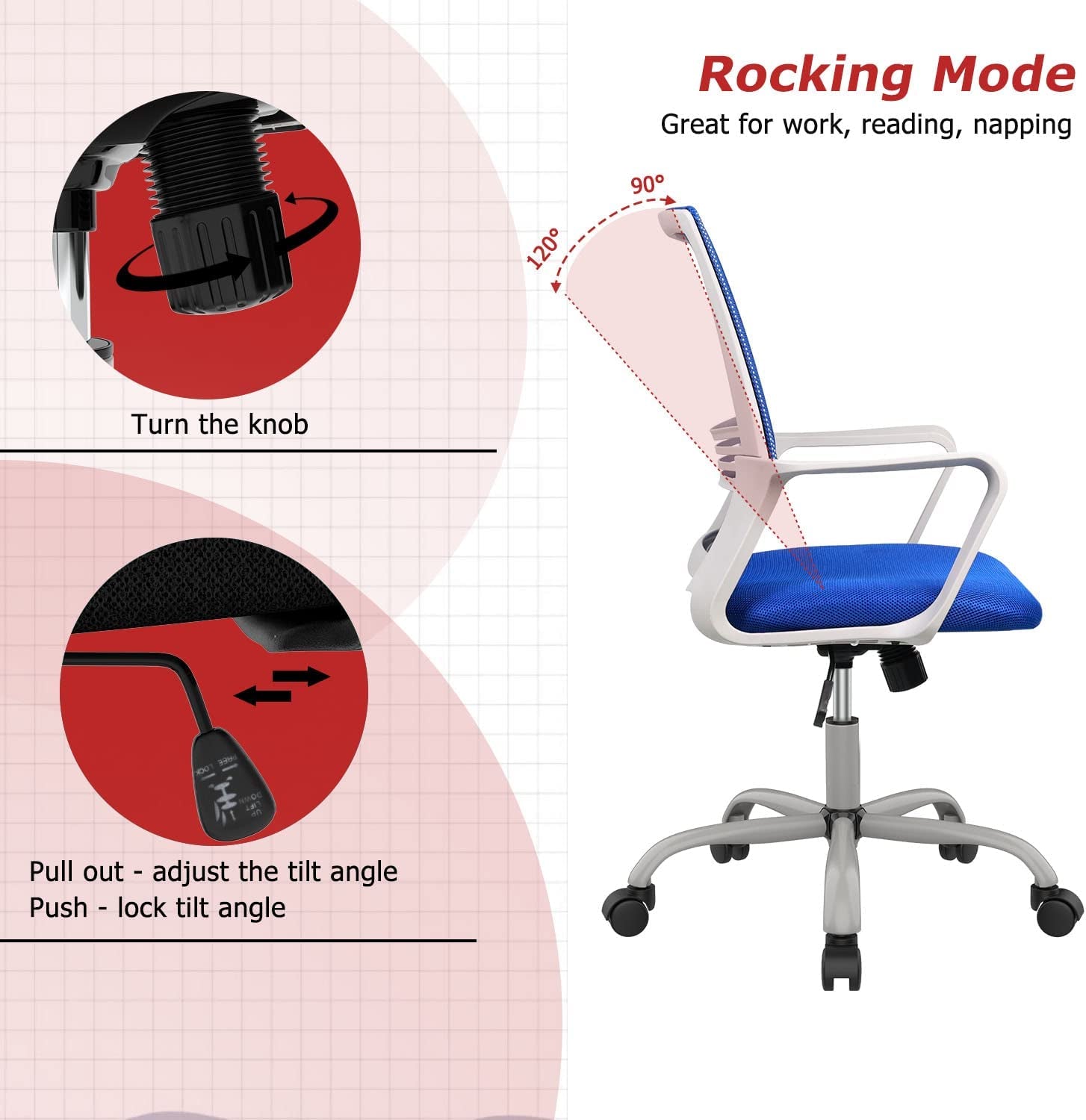 Ergonomic Computer, Home Wheels Mesh Office Desk, Mid Back Rolling Task Chair, Blue