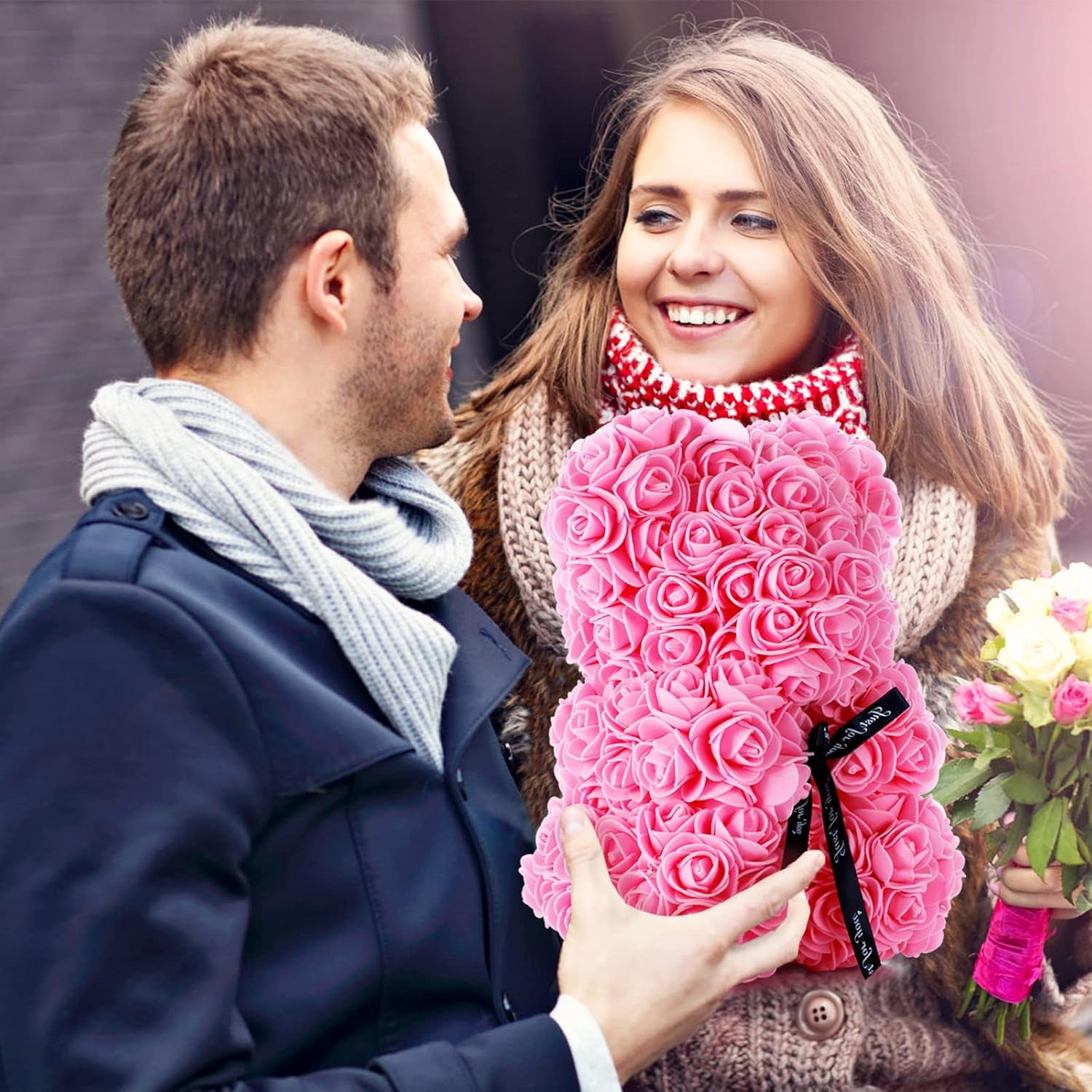 Rose Bear Gifts for Girlfriend Wife, Rose Teddy Bear Anniversary Party Presents,Flowers Bear Gifts for Mom, (Pink)+1