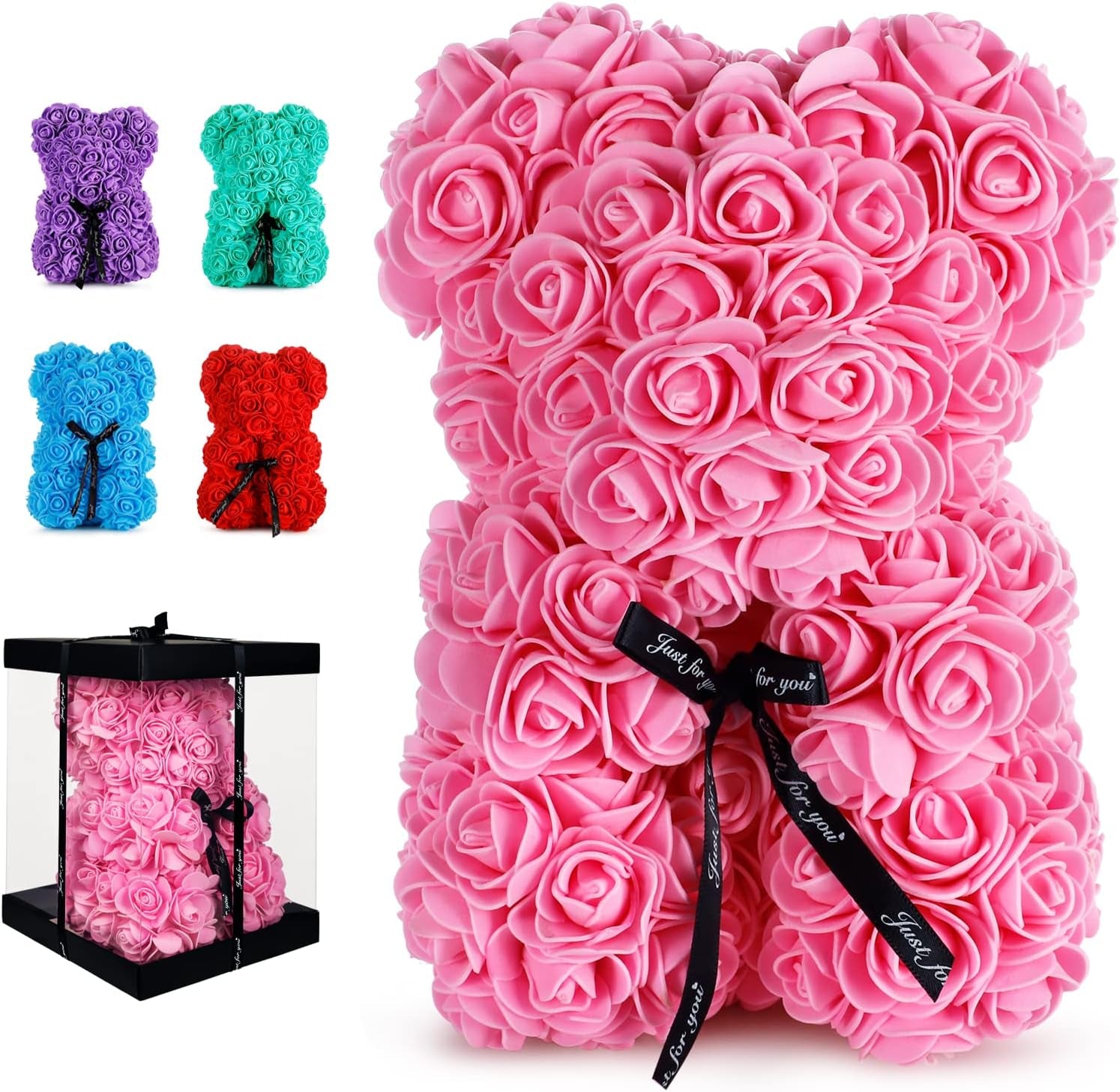 Rose Bear Gifts for Girlfriend Wife, Rose Teddy Bear Anniversary Party Presents,Flowers Bear Gifts for Mom, (Pink)+1