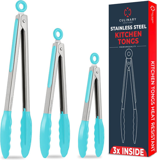 Set of 3 Kitchen Tongs with Silicone Tips, Heat Resistant Tongs for Serving Food, 7-Inch, 9-Inch, 12-Inch Locking Silicone Tongs for Cooking, Salad Tong, Aqua Kitchen Utensils