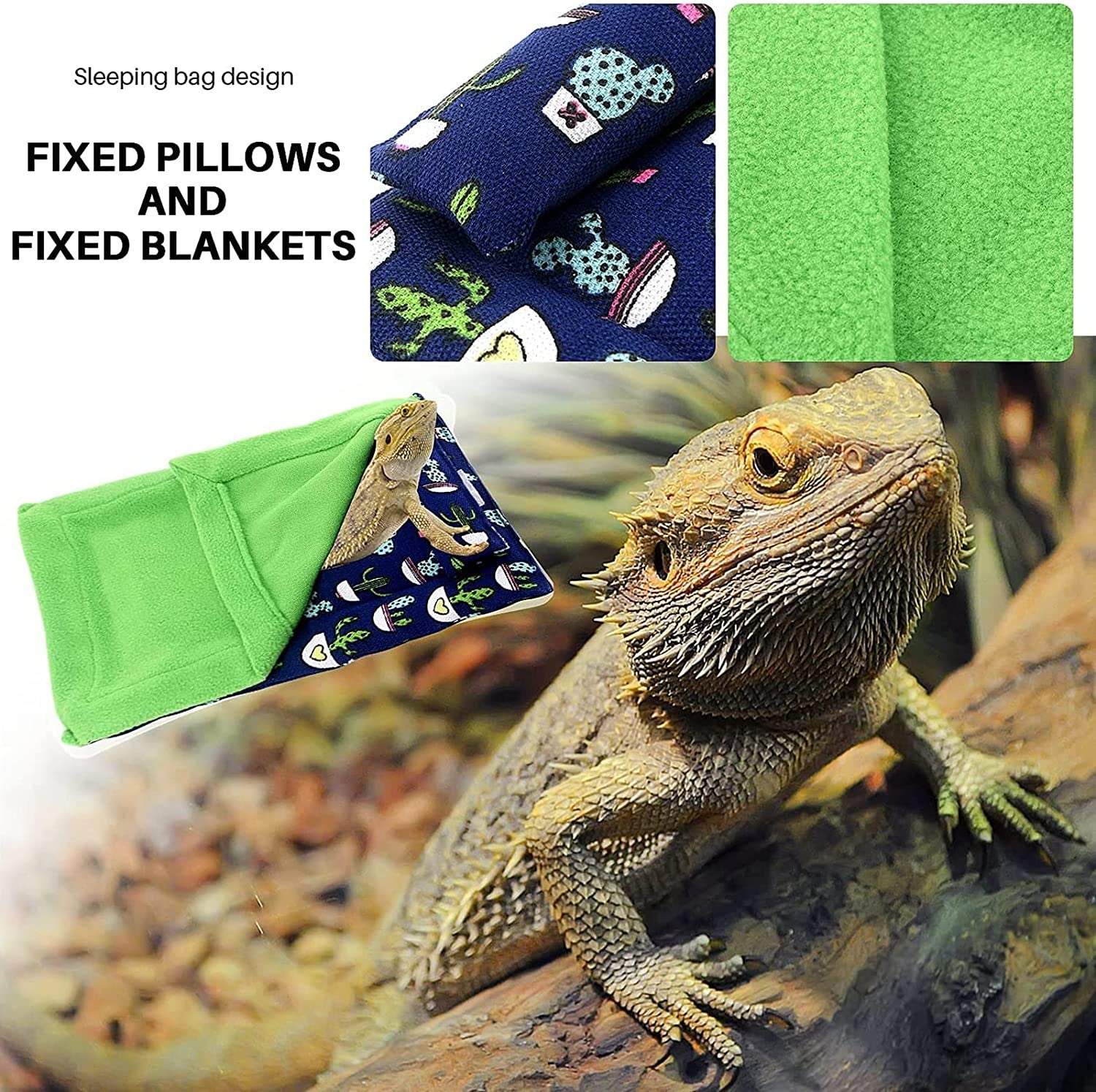 Bearded Dragon Bed with Pillow Lizard Sleeping Bag Blanket Soft Warm Hideout Terrariums Accessories for Reptile Lizard Bearded Dragon (Blue)