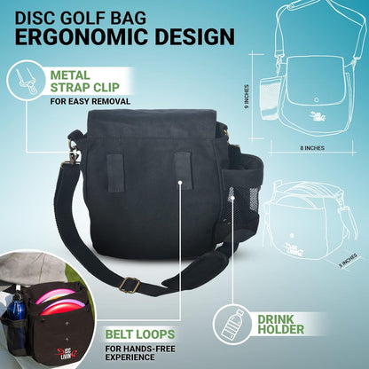 Disc Golf Bag | Frisbee Golf Bag | Easy to Carry | Lightweight Fits up to 10 Discs | 16 Oz Waxed Canvas Sturdy Design | Belt Loop | Double Button Design | Bottle Holder