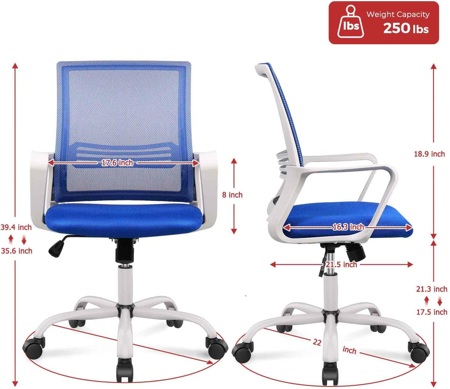 Ergonomic Computer, Home Wheels Mesh Office Desk, Mid Back Rolling Task Chair, Blue